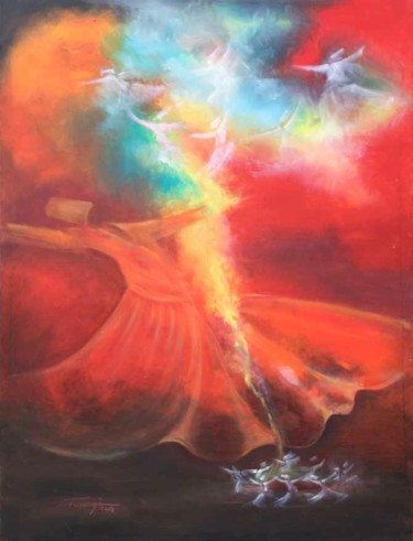 Картина под названием "Whirling Dervishes10" - Shafique Farooqi, Подлинное произведение искусства, Масло