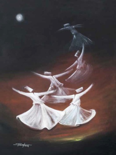 Картина под названием "Whirling Dervishes21" - Shafique Farooqi, Подлинное произведение искусства, Масло