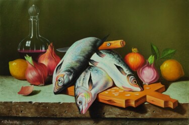 제목이 "Still life with fis…"인 미술작품 Shahen Aleksandryan로, 원작, 기름 나무 들것 프레임에 장착됨