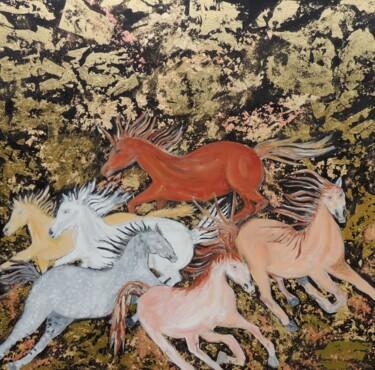 Painting titled "Wild Mustangs with…" by Shahid Zuberi, Original Artwork, Acrylic
