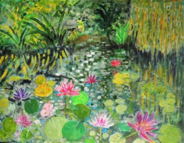 Painting titled "The Lily Pond" by Shahid Zuberi, Original Artwork, Acrylic