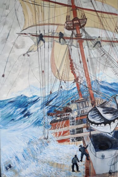 Peinture intitulée "Tempête en Haute Mer" par Shahid Zuberi, Œuvre d'art originale, Acrylique Monté sur Châssis en bois