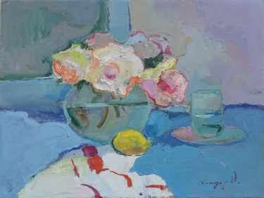 Schilderij getiteld "Roses, lemon and gl…" door Alexander Shandor, Origineel Kunstwerk, Olie