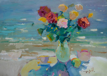 Malerei mit dem Titel "Roses Near the Sea" von Alexander Shandor, Original-Kunstwerk, Öl Auf Keilrahmen aus Holz montiert