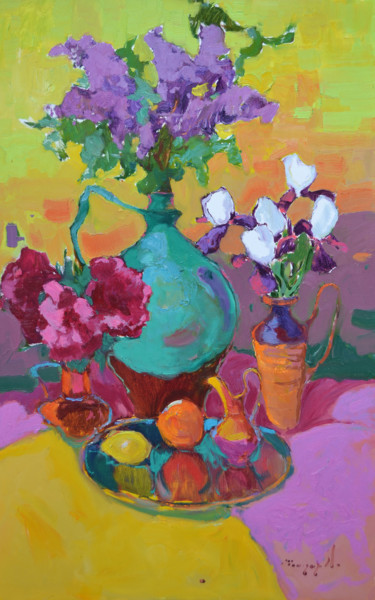Картина под названием "Flowering time _ oi…" - Alexander Shandor, Подлинное произведение искусства, Масло Установлен на Дере…