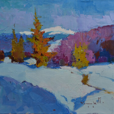 Painting titled "Sparkling snow" by Alexander Shandor, Original Artwork, Oil Mounted on Wood Stretcher frame