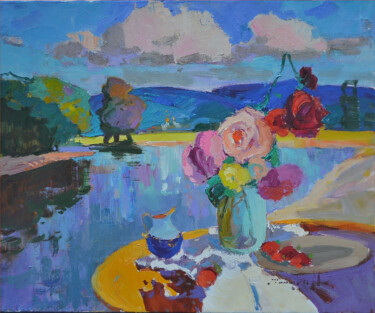 Malarstwo zatytułowany „Roses near the river” autorstwa Alexander Shandor, Oryginalna praca, Olej Zamontowany na Drewniana r…