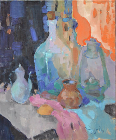 「Bottle and Lamp」というタイトルの絵画 Alexander Shandorによって, オリジナルのアートワーク, オイル ウッドストレッチャーフレームにマウント