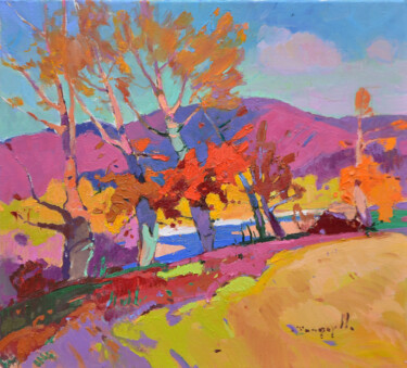 Painting titled "Autumn reigns here" by Alexander Shandor, Original Artwork, Oil Mounted on Wood Stretcher frame