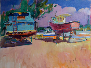 Painting titled "Yacht Club" by Alexander Shandor, Original Artwork, Oil Mounted on Wood Stretcher frame