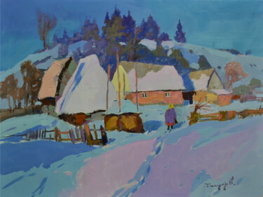 Painting titled "Winter day in the C…" by Alexander Shandor, Original Artwork, Oil Mounted on Wood Stretcher frame