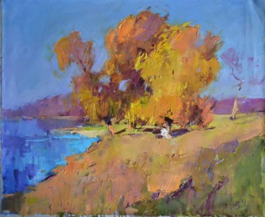 Painting titled "Beach Tisza" by Alexander Shandor, Original Artwork, Oil Mounted on Wood Stretcher frame