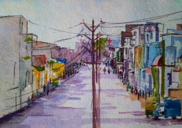 Malerei mit dem Titel "busy-street-in-ujja…" von Shankar Rawool, Original-Kunstwerk, Tinte