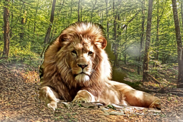 Digital Arts titled "Lazy lion in the ju…" by Shanny Ask Lasasa, Original Artwork, Digital Painting