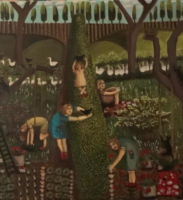 Painting titled "The garden" by Sharon Champion, Original Artwork, Acrylic Mounted on Wood Stretcher frame