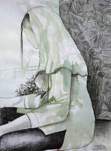 Malerei mit dem Titel "Beauty with the Veil" von Shashintha Dilhani, Original-Kunstwerk, Kugelschreiber