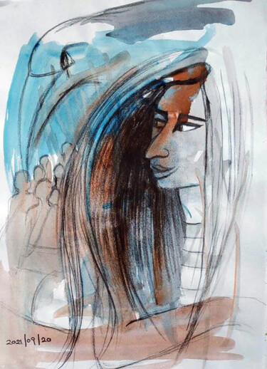 Painting titled "Escaping Gazes" by Shashintha Dilhani, Original Artwork, Ballpoint pen Mounted on Glass