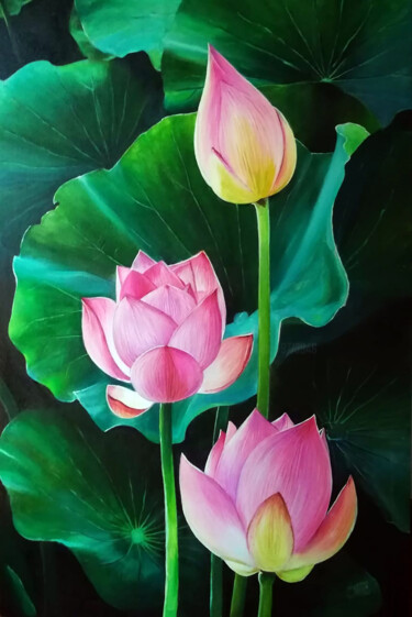 Schilderij getiteld "Pink Lotus" door Shashintha Dilhani, Origineel Kunstwerk, Acryl