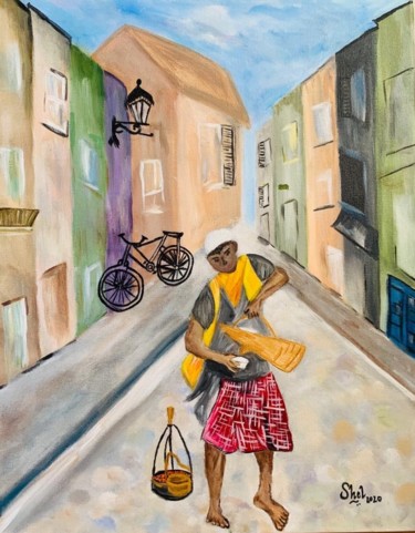 Painting titled "Aroma on the street" by Shelina Khimji, Original Artwork, Acrylic Mounted on Wood Stretcher frame