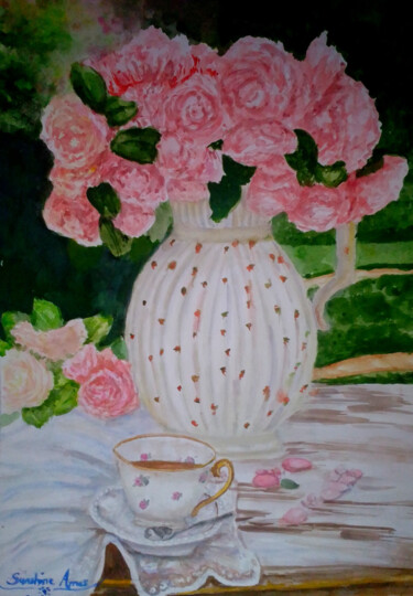 Painting titled "Flowers in vase Sti…" by Shinegrace Mary, Original Artwork, Watercolor