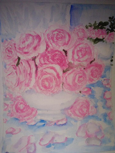绘画 标题为“Pink rose flowers w…” 由Shinegrace Mary, 原创艺术品, 水彩