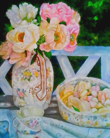 Schilderij getiteld "Roses on a vase sti…" door Shinemarygrace, Origineel Kunstwerk, Aquarel