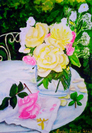 Painting titled "Flowers in a vase w…" by Shinemarygrace, Original Artwork, Watercolor