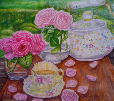 Painting titled "Still life roses in…" by Shinemarygrace, Original Artwork, Watercolor