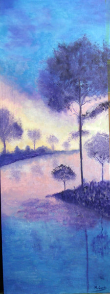 Painting titled "Laguna violeta" by Mercedes Gordo, Original Artwork, Oil Mounted on Wood Panel