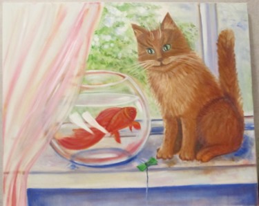 Peinture intitulée "Cat and Goldfish" par Tatiana Shirova, Œuvre d'art originale, Huile