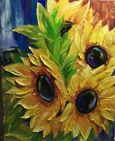 Painting titled "sunflowers" by Tatiana Shirova, Original Artwork, Oil Mounted on Wood Stretcher frame