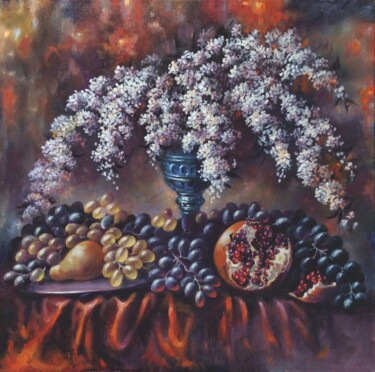 Painting titled "Спирея и фрукты" by Tatiana Shmakova, Original Artwork, Oil Mounted on Wood Stretcher frame