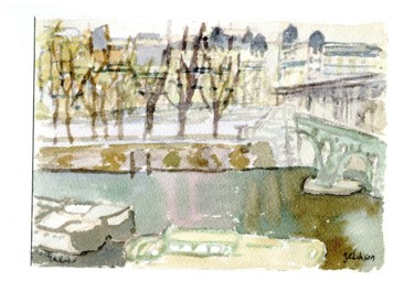 Schilderij getiteld "Paris : La Seine en…" door Amos Zelikson, Origineel Kunstwerk, Aquarel