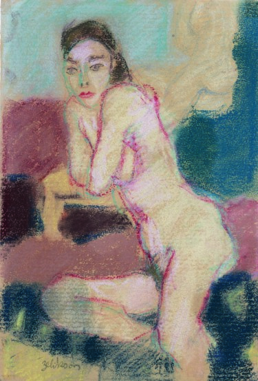 "Femme Nue Adossée" başlıklı Resim Amos Zelikson tarafından, Orijinal sanat, Pastel
