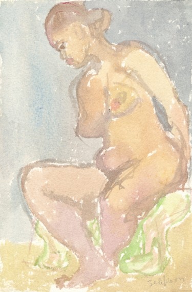 Peinture intitulée "A47 Femme Nue Assise" par Amos Zelikson, Œuvre d'art originale, Aquarelle
