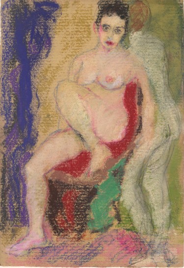 Dessin intitulée "P32: Femme Nue Assi…" par Amos Zelikson, Œuvre d'art originale, Pastel