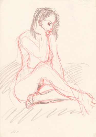 Dessin intitulée "C07 Femme Nue Assise" par Amos Zelikson, Œuvre d'art originale, Crayon