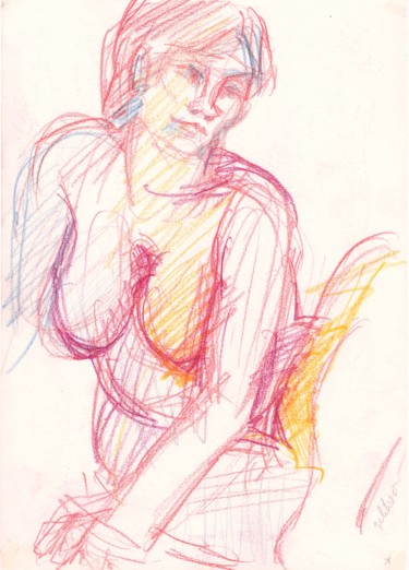 Dessin intitulée "C09 Femme Nue Assise" par Amos Zelikson, Œuvre d'art originale, Crayon