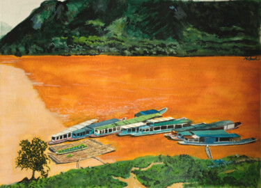 Pintura intitulada "Des bateaux sur le…" por Shoujie Sun, Obras de arte originais, Aquarela