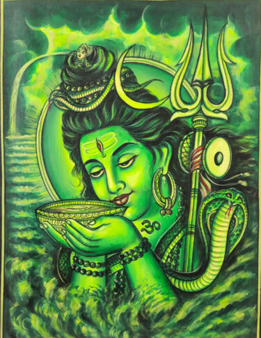Painting titled "green Shiva drinkin…" by Shree Krishnam Arts Manish Vaishnav, Original Artwork, Acrylic