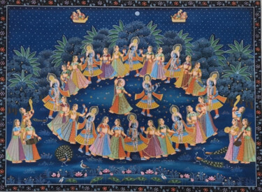 Pittura intitolato "Krishna's Dance of…" da Shree Krishnam Arts Manish Vaishnav, Opera d'arte originale, Acquarello