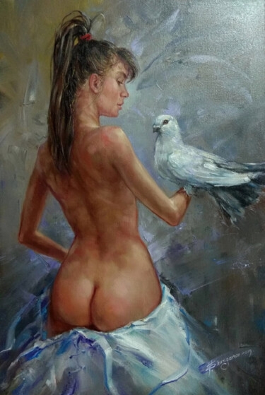 Pintura titulada "Girl and pigeon" por Vladislav Shurganov, Obra de arte original, Oleo