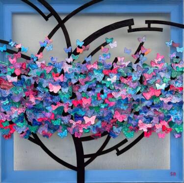 Collagen mit dem Titel "Butterflies" von Sibilla Bjarnason, Original-Kunstwerk, Collagen Auf Keilrahmen aus Holz montiert
