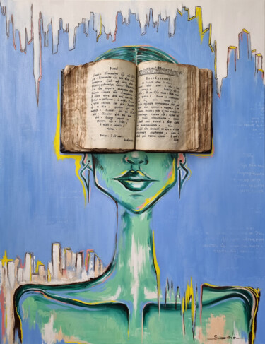 Картина под названием "book woman" - Sieva, Подлинное произведение искусства, Масло Установлен на Деревянная рама для носилок