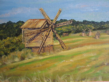 Painting titled "Pirogovo in August" by Svitlana Klymenko, Original Artwork, Oil Mounted on Wood Stretcher frame