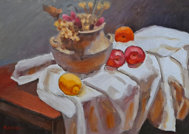 Painting titled "Vasija con frutas" by Silvia Beatriz Marcucci, Original Artwork, Oil