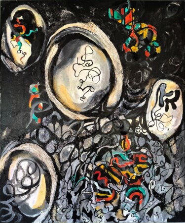 Painting titled "Si la lune rêvait" by Silvia Inés Larrañaga, Original Artwork, Collages Mounted on Wood Stretcher frame