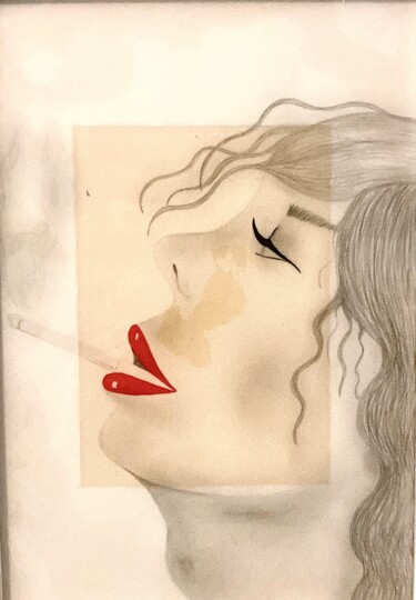 Pintura intitulada "La fumeuse" por Simart, Obras de arte originais, Lápis Montado em Cartão