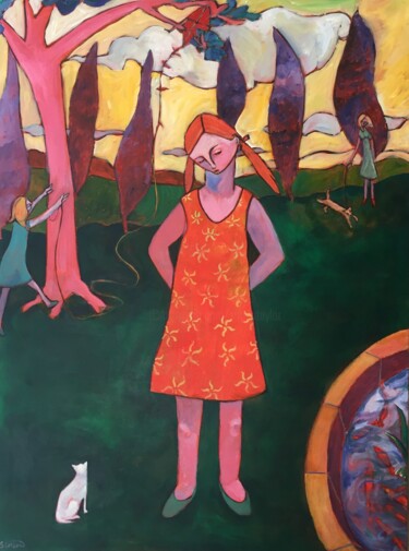 Malerei mit dem Titel "girl & kitten 2" von Simon Taylor, Original-Kunstwerk, Acryl