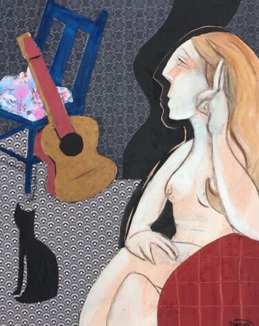Collages intitulée "woman  & guitar 4" par Simon Taylor, Œuvre d'art originale, Acrylique